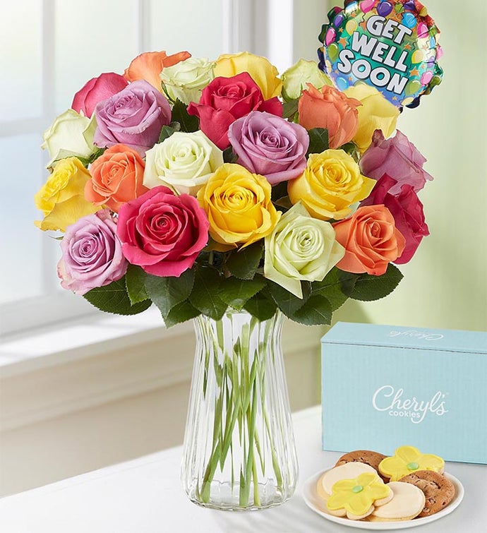 Get Well Soon Assorted Roses & Cheryl's Cookies